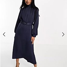 (嫻嫻屋) 英國ASOS-Closet 知性高雅名媛藍色鍛面高領方型腰帶中長裙洋裝禮服EH23
