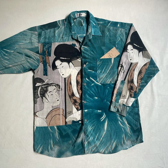 日本經典 Taneeno 喜多川歌麿 浮世繪 霞織娘雛形 滿版印花 人造絲 長袖襯衫 罩衫 vintage 古著