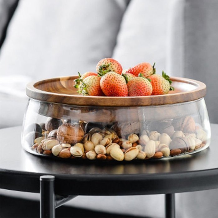 果盤家用高檔水果盤創意歐式相思木雙層玻璃干果瓜子堅果盤糖果收納盒,特價