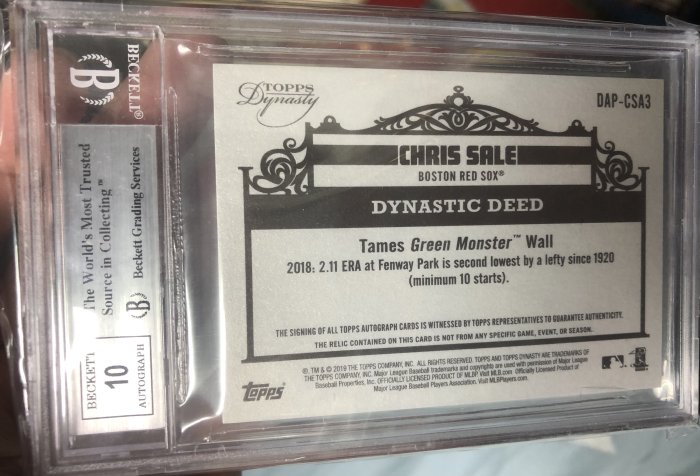 2019 topps dynasty 王朝賽爾 限量10 首號 chris sale BGS 9.5/10 鑑定卡面簽名