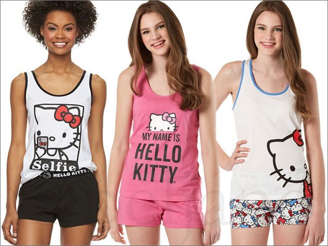 可愛清純三款粉紅 黑白 Hello Kitty 凱蒂貓 居家休閒服飾背心+短褲兩件一組整組整套 睡衣 S M XL L號