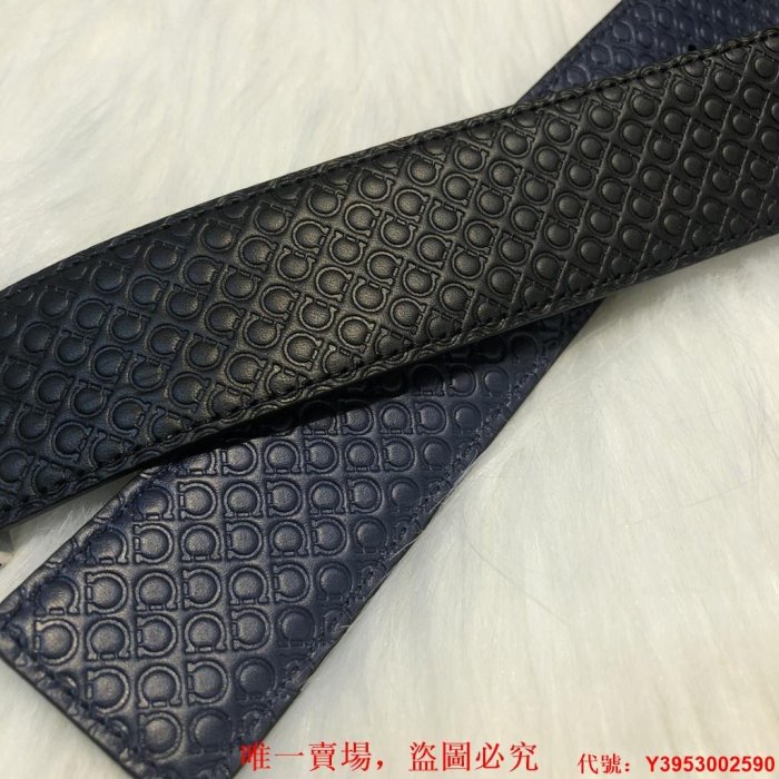 二手正品 Salvatore Ferragamo 菲拉格慕 經典標識 亮銀 雙麵 皮帶 腰帶 黑//深藍