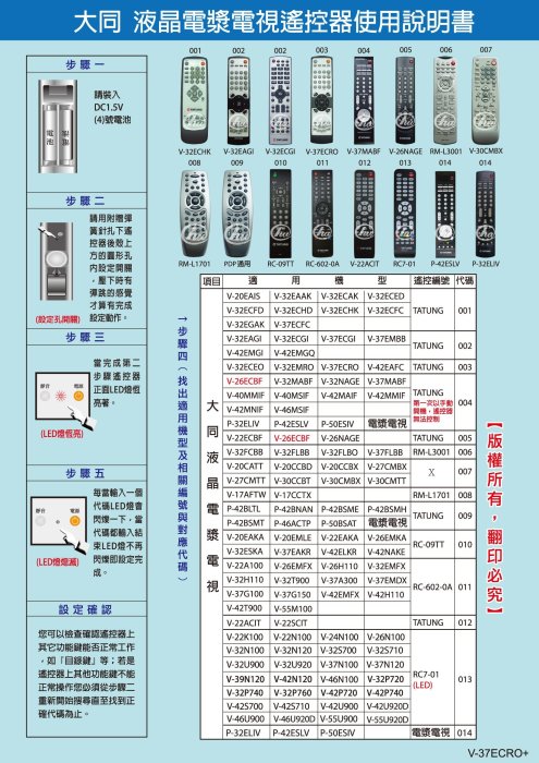 [百威電子] 大同 TATUNG 電視遙控器 原廠模具 液晶電視/電漿電視/LED電視/平面電視