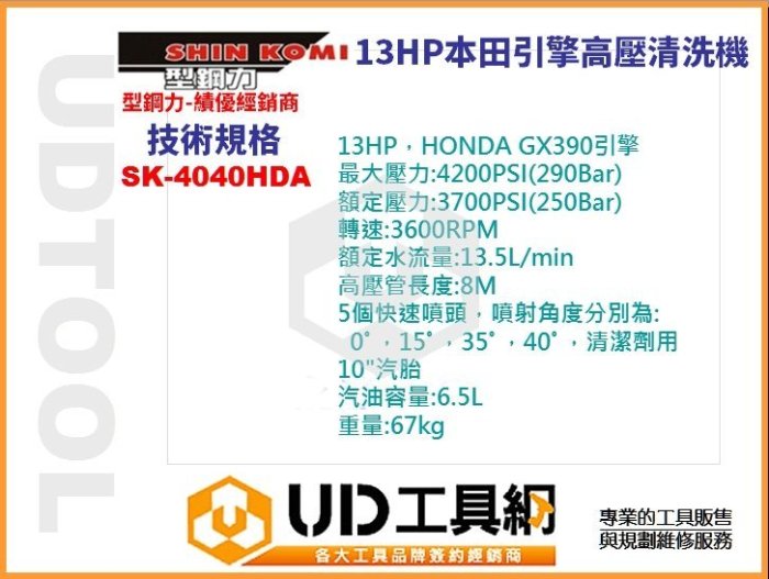 @UD工具網@型鋼力 SHIN KOMI SK-4040HDA 13HP 搭配HONDA引擎 高壓清洗機 洗車機 沖洗機