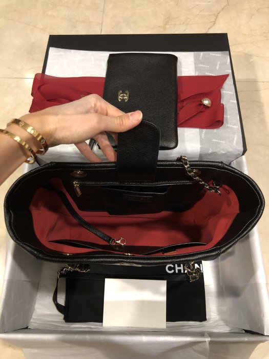 Chanel tote bag 黑色荔枝牛皮 淡金釦 拖特包 購物包 台灣專櫃