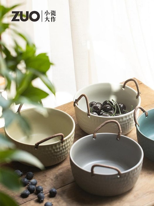 復古繩編把手餐碗蔬菜碗手工碗vintage創意陶瓷日式粗陶餐具果碗--三姨小屋
