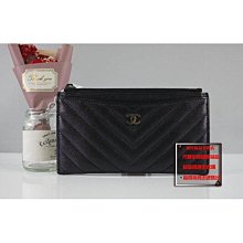 優買二手精品名牌店 CHANEL AP0227 黑色荔枝皮 雙C銀釦 V字紋 拉鍊零錢包薄型長夾卡夾發財夾 美品