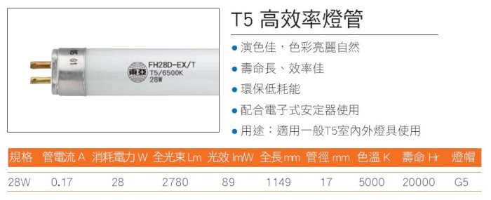 神通【東亞照明】4尺T5 28W三波長燈管，色溫5000K暖白光/自然光/白光，高流明1W=99lm，省電燈管/螢光燈管