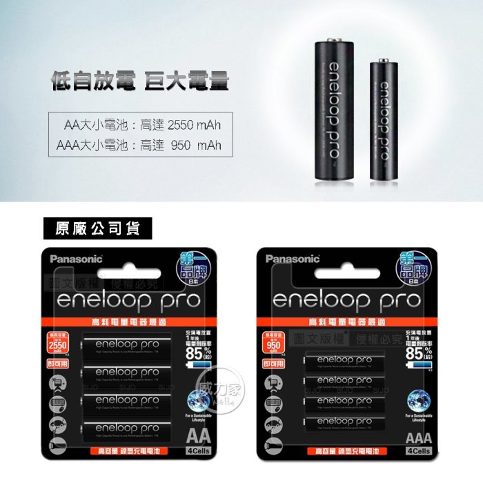 威力家 Panasonic eneloop pro 黑鑽疾速智控電池充電組(BQ-CC55充電器+4號2顆) AAA