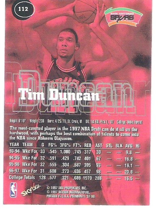 1997-98 SkyBox Premium  #112  TIM DUNCAN  RC Rookie 新人卡