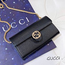 二手旗艦 GUCCI 黑色 牛皮 淡金雙G 掀蓋 釦式 長夾 鍊包 肩背包 斜背包 (中友店)