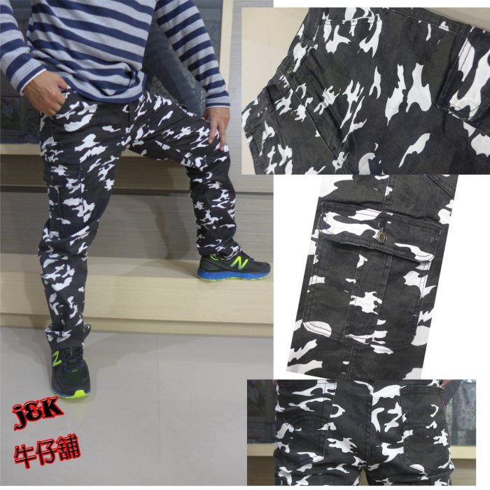 【J&K 牛仔舖】《超值價$330》原價499元.耐磨彈力伸縮舒適多袋中直筒迷彩貼袋牛仔褲.多口袋工作褲 #6584