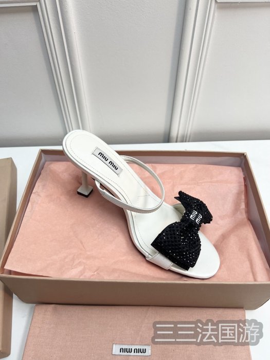 代購正品MiuMiu繆繆 23新品水鉆蝴蝶結徽標高跟鞋女士涼鞋單鞋