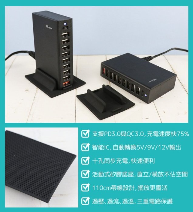 含稅info】桌面型十孔同步充電 PD3.0+QC3.0 10埠63W快速充電器 充電速度快75% 自動轉換5V/9V