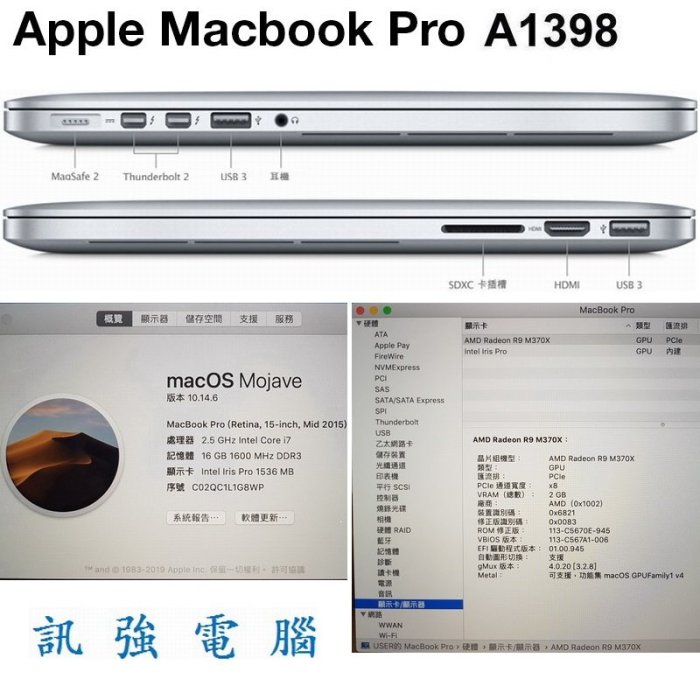 MacBook Pro A1398頂階款﹝15吋、i7-2.5G、512GB 固態硬碟、16G記憶體、R9 2GB獨顯﹞