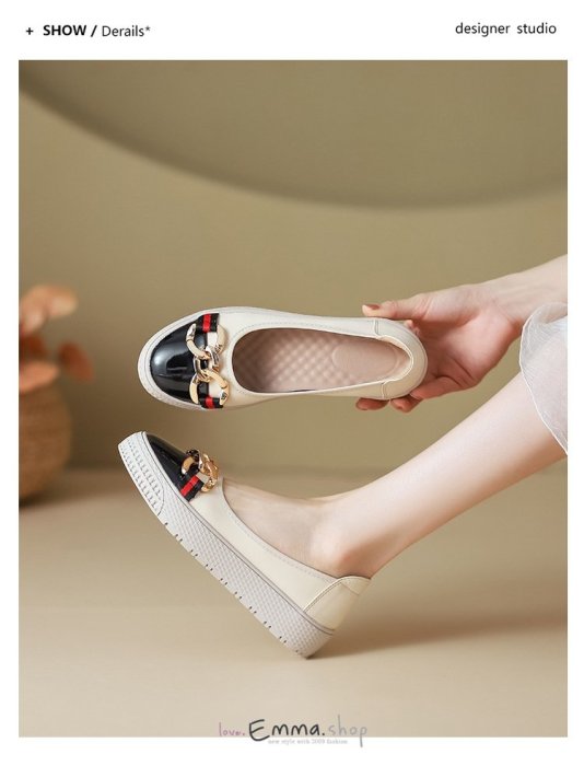 EmmaShop艾購物-韓國同步上新-雙色金屬扣軟皮厚底休閒便鞋