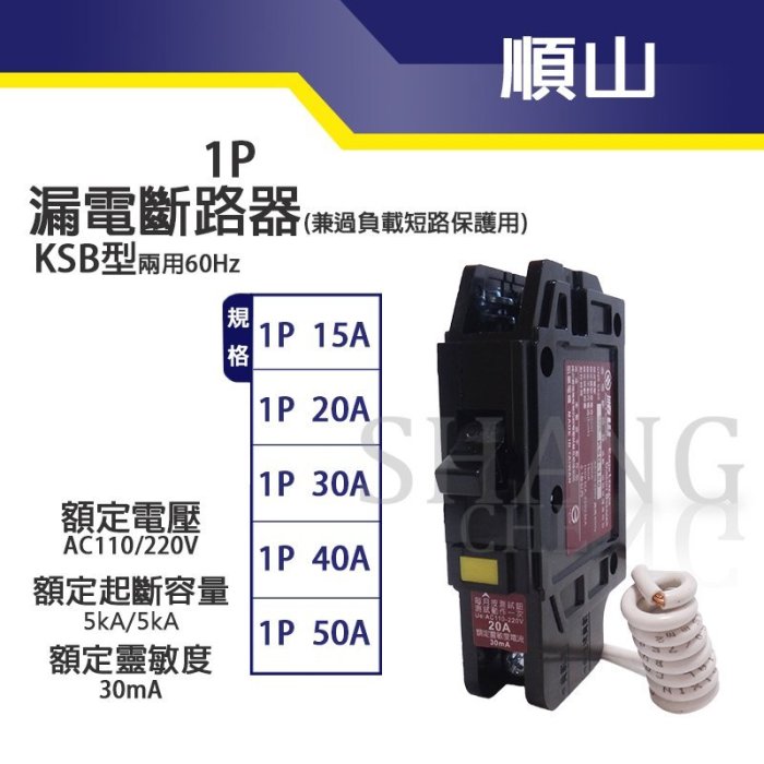 [尚成百貨] 順山 1P20A 漏電斷路器兼過負載短路保護兼用 漏電開關 台灣製造