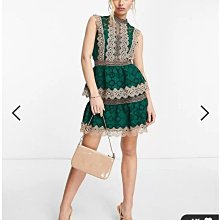 (嫻嫻屋) 英國ASOS-優雅時尚名媛綠色對比色蕾絲高領部份透膚分層裙洋裝禮服 PC22