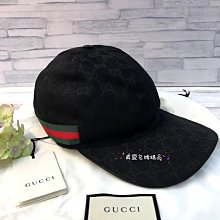 《真愛名牌精品》GUCCI 200035 黑色緹花布 GG logo 綠紅綠 帽子  *全新品*