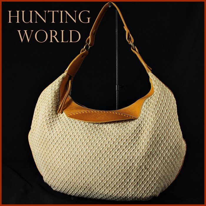 【桑園の】義大利製 ◆Hunting World 帆布 編織感設計 大容量 彎月包 手提 肩背包 週日結標 T 4270