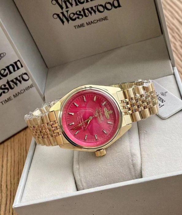 VIVIENNE WESTWOOD Sydensam 玫紅色錶盤 金色不鏽鋼錶帶 石英 女士手錶 VV251RRGD