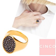 CINCO 葡萄牙精品 MANU RING BLACK 925純銀鑲24K金 圓形小寬版戒指 黑鑽戒指