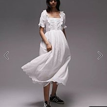 (嫻嫻屋) 英國ASOS-Topshop 白色方領泡泡袖荷葉摺邊裝飾中長裙洋裝EC23