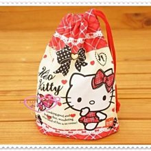 ♥小花花日本精品♥Hello Kitty  日本製格紋坐姿格紋愛心縮口袋束口袋杯袋11117803
