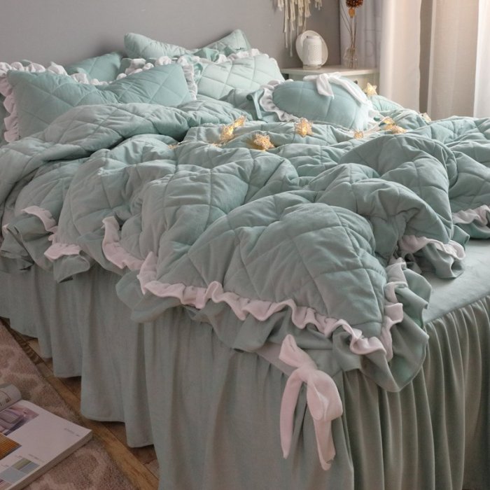 法蘭絨鋪棉床罩組 豆綠  高品質 5尺 標準雙人 兩用被毯 刷毛床罩 不掉毛 不靜電 不起球 佛你