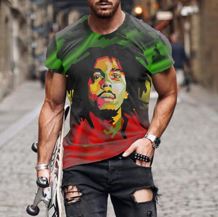 2023歐美外貿夏季新款BobMarley圖案3D數碼印花男裝短袖T恤-正正男裝