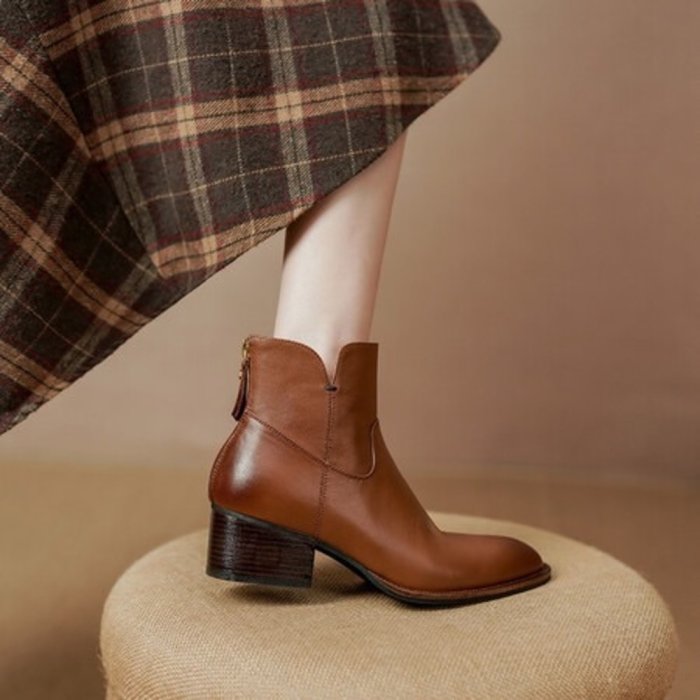 真皮短靴DANDT時尚牛皮尖頭後拉鍊復古短靴（22 OCT TAI）同風格請在賣場搜尋-歐美女鞋