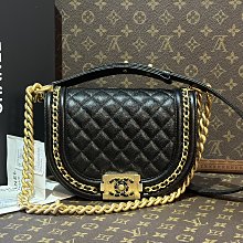 ~路米名品~ 未使用新品 現貨 CHANEL BOY 金鍊 黑色 荔枝皮 小型 信差 馬鞍包 半月包 國內單