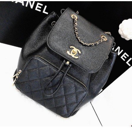 CHANEL Backpack 黑色 荔枝牛皮 菱格紋 淡金釦 金色皮穿鍊 束口後背包 A93748