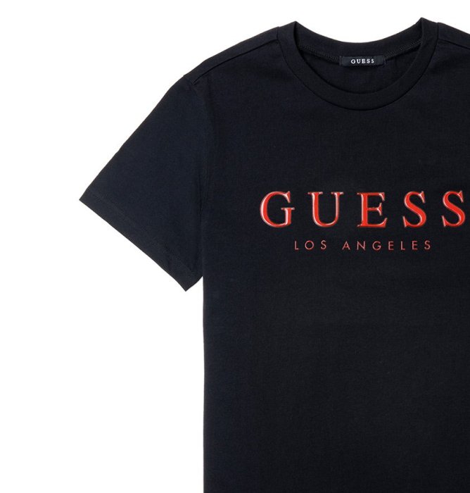 美國百分百【全新真品】Guess T恤 T-shirt 短袖 短T U領 浮雕logo 女 黑色 J342