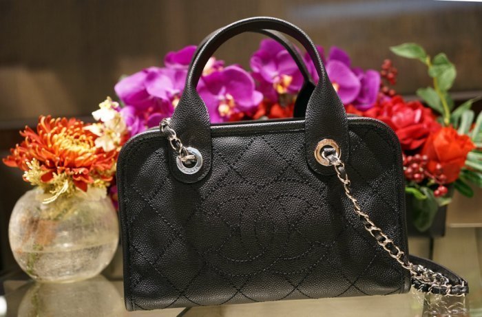 Chanel 香奈兒包 A92757 Caviar Bowling Bag 小型荔枝紋鍊帶肩背包 黑