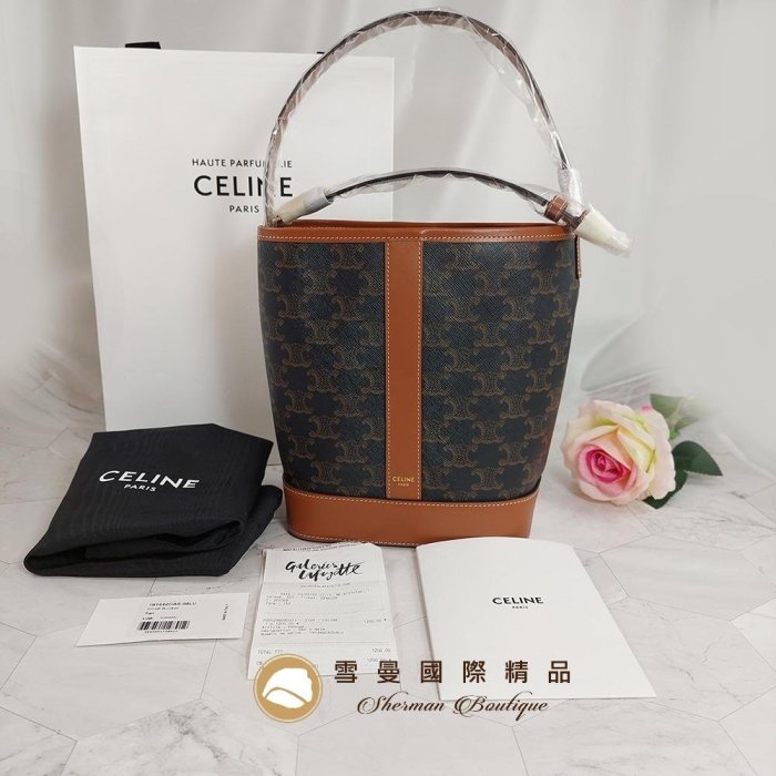 【雪曼國際精品】CELINE TRIOMPHE 黃褐色帆布及小牛皮BUCKET小型手袋／水桶包~全新品現貨