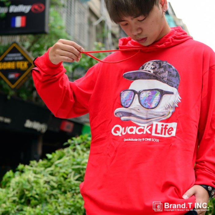 【Brand T】免運 達酷鴨 DUCK DUDE LOGO PRINT PARKA 紅色*鴨子*薄款*帽T*連帽*T恤