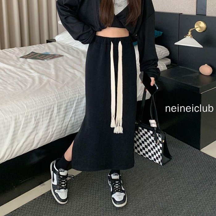 NEINEI 韓版休閒半身裙 中長款後開叉針織半身裙 大尺碼女中長款顯瘦高腰包臀裙子抽繩直筒窄裙短裙