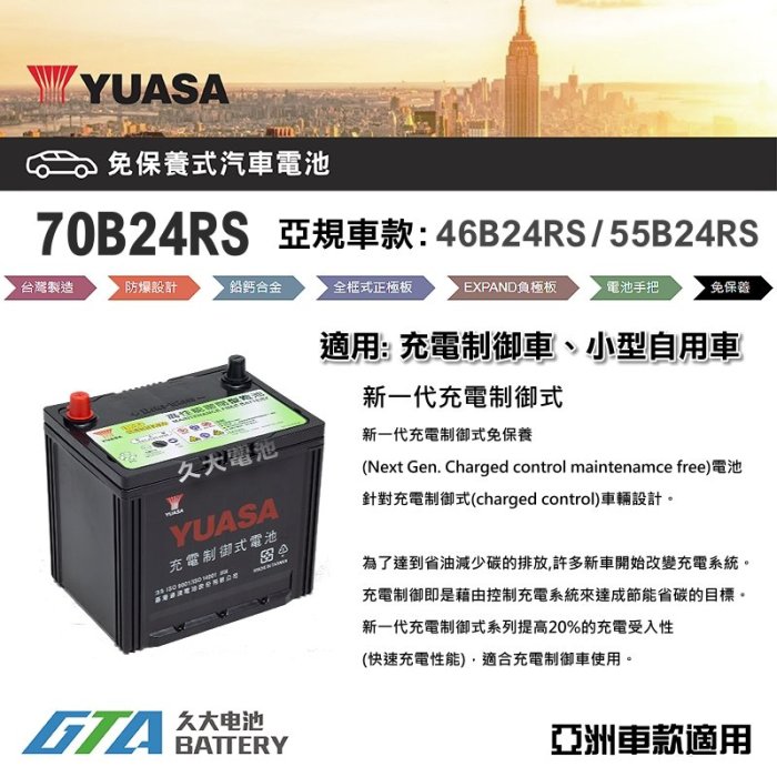 ✚久大電池❚ YUASA 湯淺電池 70B24RS 免保養 汽車電瓶 汽車電池 46B24RS 55B24RS 新規格