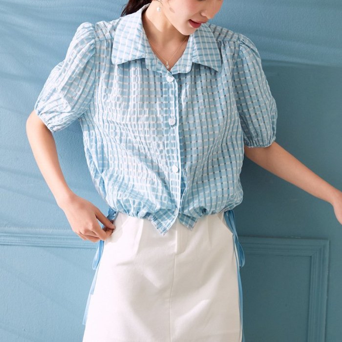 系帶短袖襯衫女夏季新款韓版透視網紗小眾翻領襯衣女裝