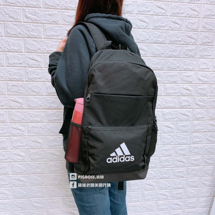 【豬豬老闆】ADIDAS BACKPACK 黑白色 LOGO 水壺袋 運動背包 後背包 書包 筆電包 DM2909