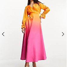 (嫻嫻屋) 英國ASOS-Flounce London粉色和橙色漸變色V領荷葉摺邊袖腰部綁帶長裙洋裝EH23