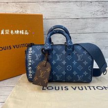 《真愛名牌精品》LV M46803 KEEPALL BANDOULIÈRE 25 大西洋藍 把手 斜背包*全新品*