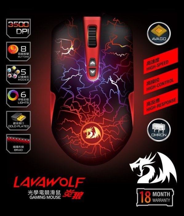 【滑鼠】REDRAGON LAVAWOLF 紅龍-炎狼 光學電競滑鼠 3500DPI 歐姆龍遊戲微動『高雄程傑電腦』