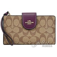 【茱麗葉精品】全新精品 COACH 專櫃商品 C2874 馬車LOGO印花撞色拼接手機長夾.駝/酒紅 現貨