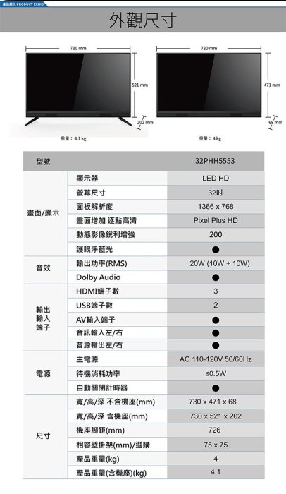 【免運費】Philips 飛利浦 32型/32吋 HD多媒體 電視/液晶顯示器+視訊盒 32PHH5553