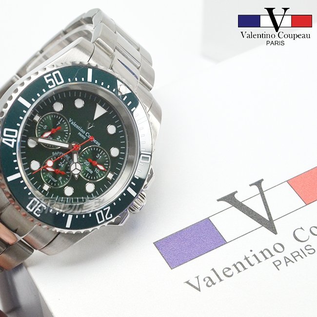 valentino coupeau范倫鐵諾 夜光時刻 不鏽鋼 防水手錶 男錶 潛水錶 水鬼 石英錶 V61589三眼綠