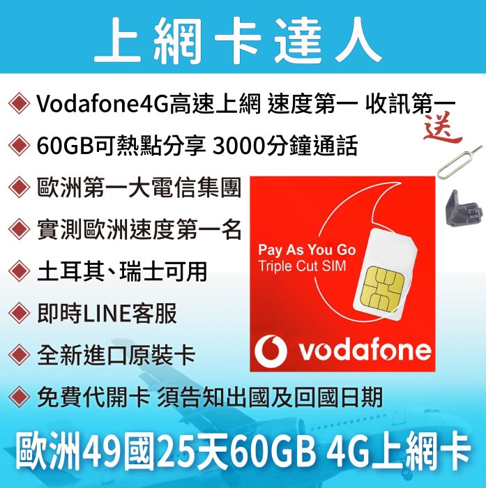 30天 英國 Vodafone 歐洲 60GB 上網卡 49國 3G 4G sim卡 網卡 法國 德國 西班牙 土耳其