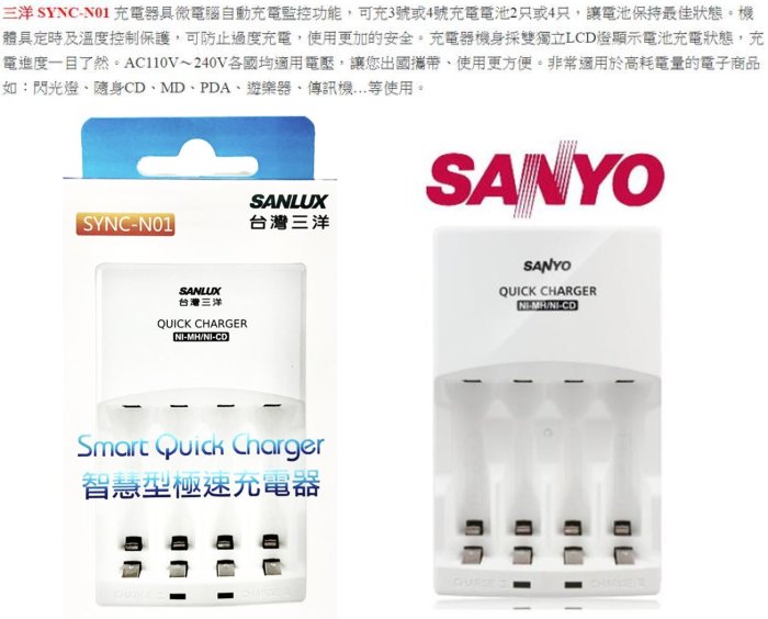 【eYe攝影】現貨 公司貨 三洋 SANLUX SYNC-N01 智慧型極速充電器 3號 4號 電池充電器 AA AAA