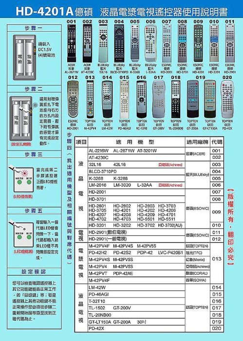 宏碁ACER,亞奇諾Achineo,藍天BLUEsky,酷樂CORAL,秦漢社LEO,億碩ESONIC等液晶電視遙控器